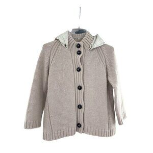 Duvetica Beige White Wool Blend‎ Hooded Cardigan Quilted Accents Button Closure